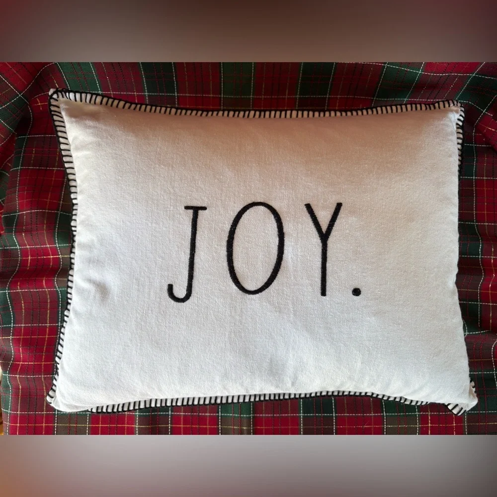 Rae Dunn. “JOY” White and Black Embroidered Throw Pillow with a Down Insert